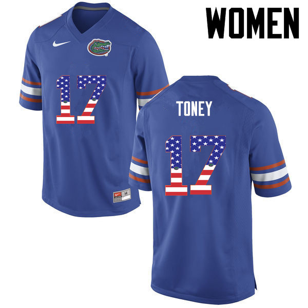 Women Florida Gators #17 Kadarius Toney College Football USA Flag Fashion Jerseys-Blue